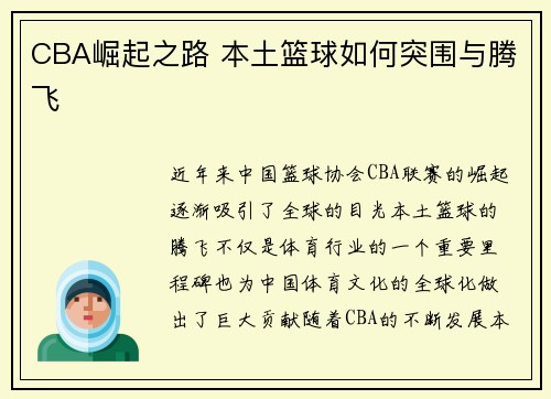 CBA崛起之路 本土篮球如何突围与腾飞