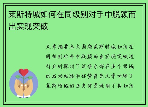 莱斯特城如何在同级别对手中脱颖而出实现突破